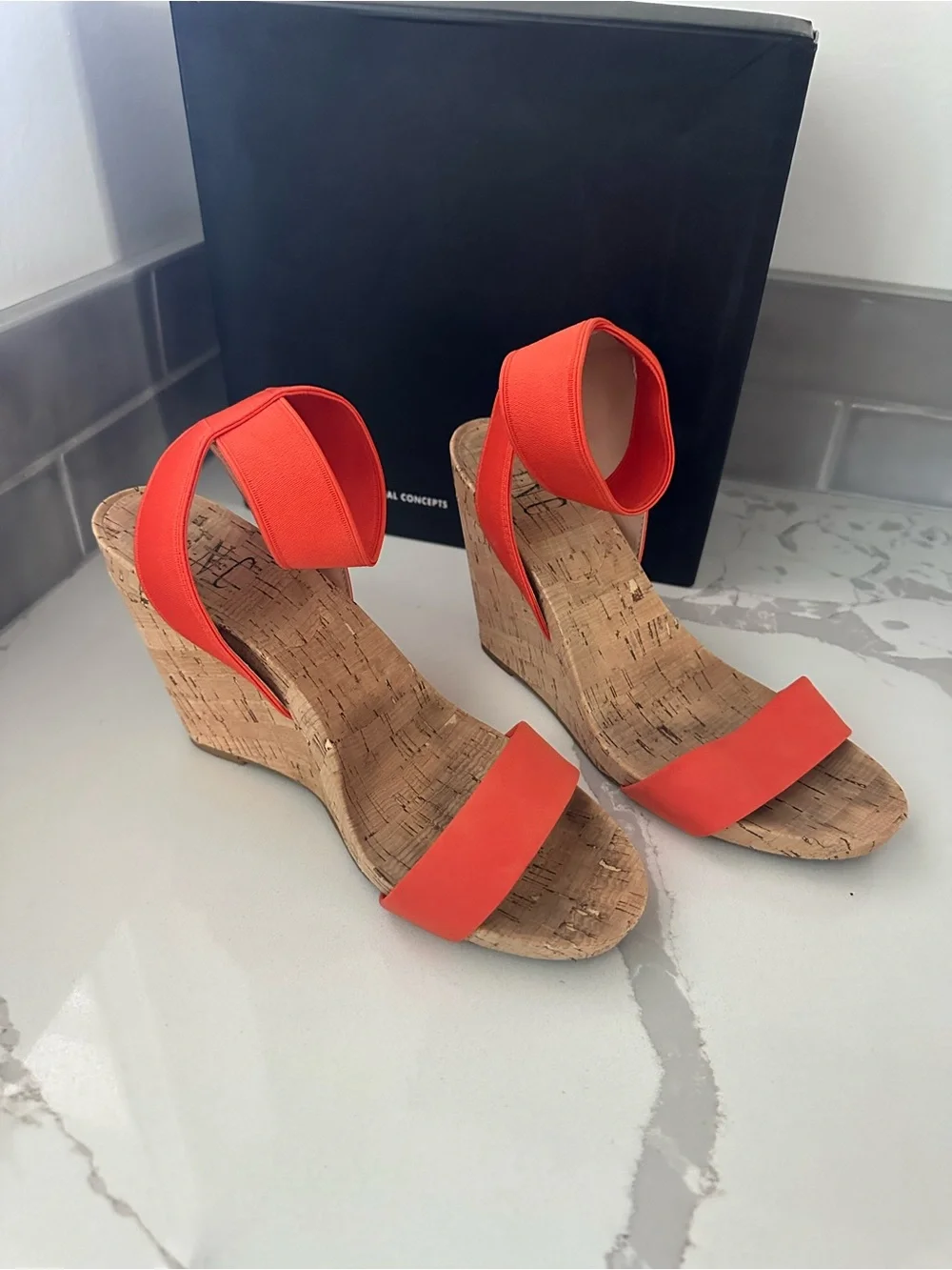 Red Cork Wedge Sandals with Elastic Ankle Strap